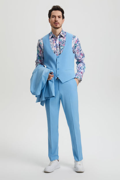 Men's Vested One Button Peak Lapel Stacy Adams Designer Suit in Sky Blue - Image 4
