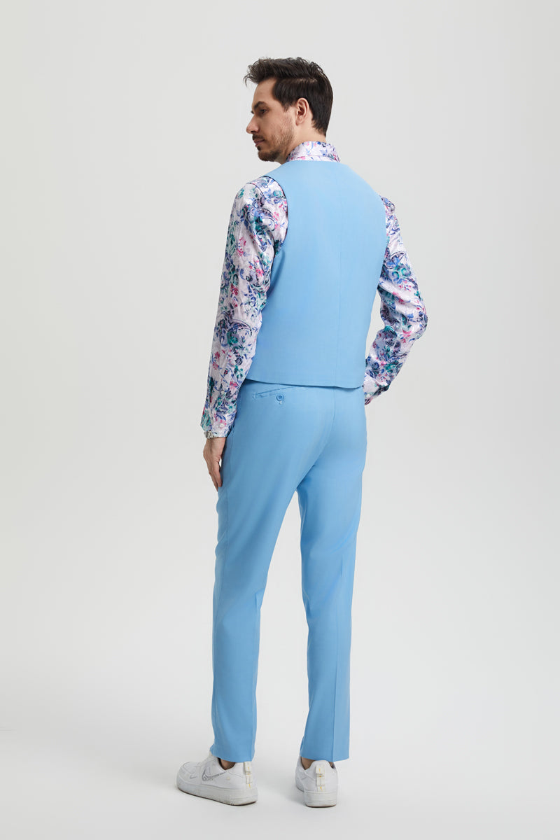 Men's Vested One Button Peak Lapel Stacy Adams Designer Suit in Sky Blue - Image 5