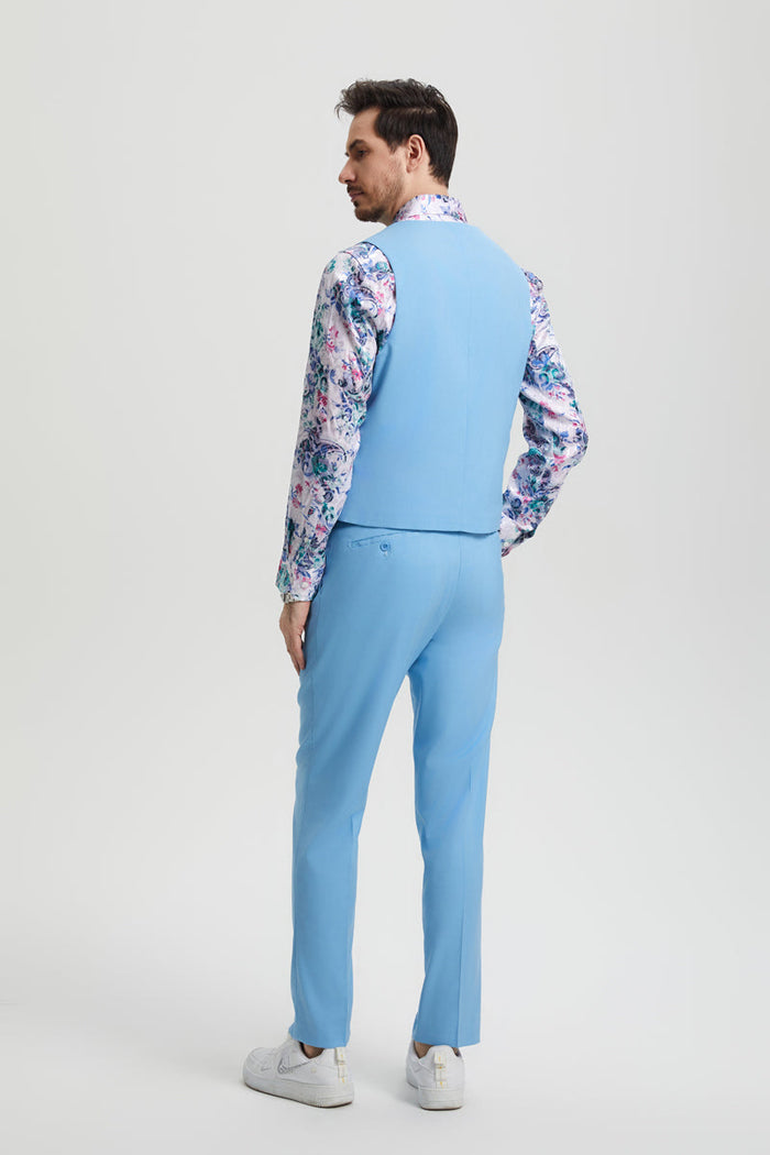 Men's Vested One Button Peak Lapel Stacy Adams Designer Suit in Sky Blue - Image 5