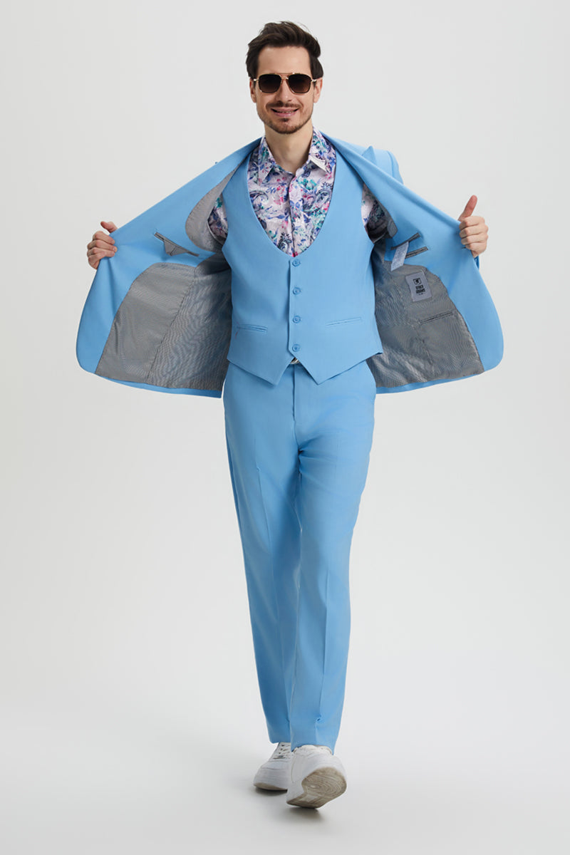 Men's Vested One Button Peak Lapel Stacy Adams Designer Suit in Sky Blue - Image 6