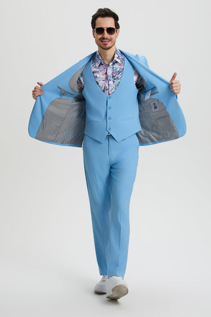 Men's Vested One Button Peak Lapel Stacy Adams Designer Suit in Sky Blue - Image 6