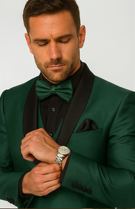 Mens Emerald Green Tuxedo with Black Satin Shawl Lapel – 3 Piece Formal Suit with Vest