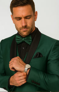 Mens Emerald Green Tuxedo with Black Satin Shawl Lapel – 3 Piece Formal Suit with Vest - Image 4