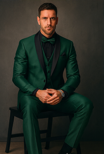 Mens Emerald Green Tuxedo with Black Satin Shawl Lapel – 3 Piece Formal Suit with Vest