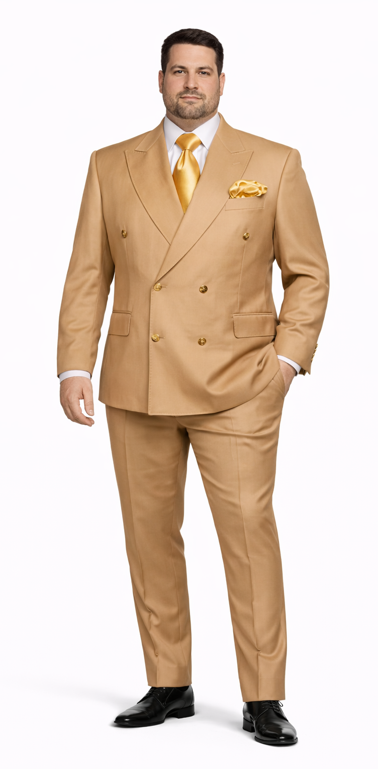 Mens Camel - Bronze - Goldish khaki Double-Breasted Suit – Luxury 2-Piece Formal Set with Gold Buttons and Peak Lapels by Rossi Man - Image 8