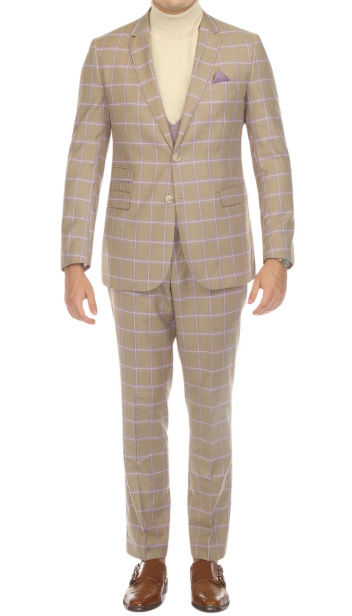 Modern Slim Fit Mens Suit – 2 Button Notch Lapel with U-Shaped Double Breasted Vest