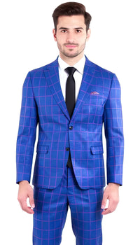 Mens Slim Fit Plaid Suit in Blue – Elegant 3 Piece Formal Set