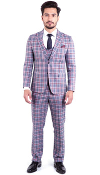 Stylish Grey and Red Checkered Suit for Men – Slim Fit 3 Piece Formal Outfit