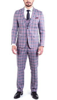 Stylish Grey and Red Checkered Suit for Men – Slim Fit 3 Piece Formal Outfit