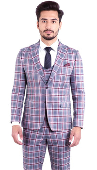 Stylish Grey and Red Checkered Suit for Men – Slim Fit 3 Piece Formal Outfit