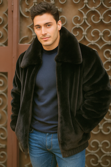 Men's Black Faux Fur Overcoat – Fuzzy Warm Winter Jacket Style