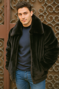 Men's Black Faux Fur Overcoat – Fuzzy Warm Winter Jacket Style