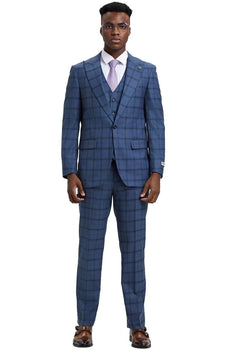Men's Stacy Adams One Button Vested Suit in Midnight Blue Windowpane Plaid - Image 2