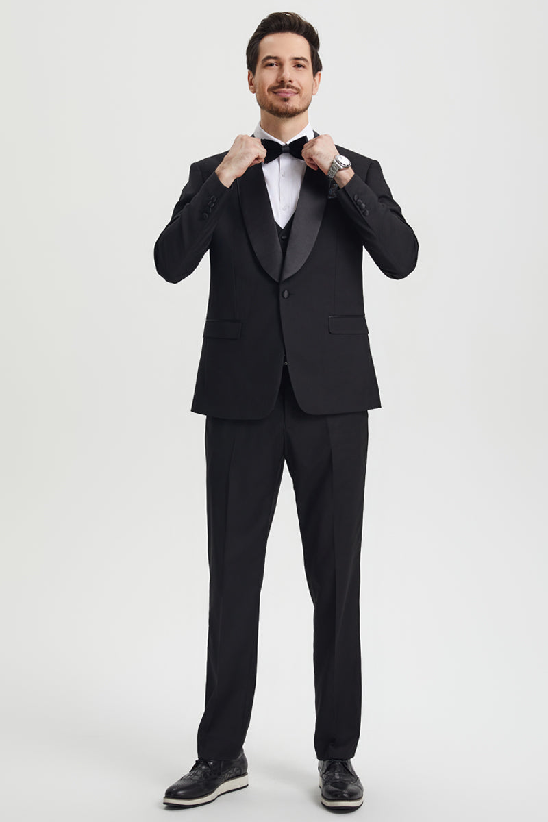 Men's Stacy Adams Vested One Button Shawl Lapel Designer Tuxedo in Black
