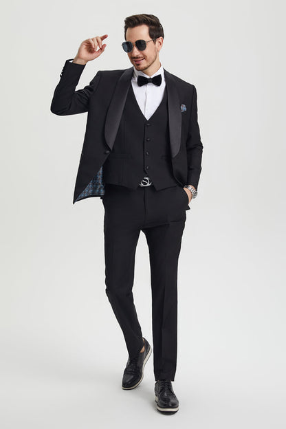 Men's Stacy Adams Vested One Button Shawl Lapel Designer Tuxedo in Black