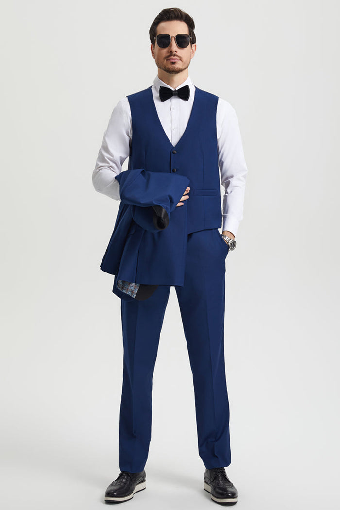 Men's Stacy Adams Vested One Button Shawl Lapel Designer Tuxedo in Indigo Blue - Image 3