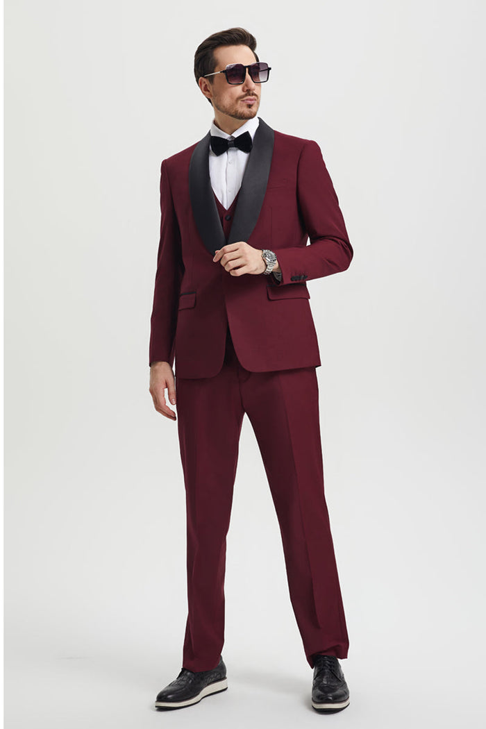 Men's Stacy Adams Vested One Button Shawl Lapel Designer Tuxedo in Burgundy - Image 3