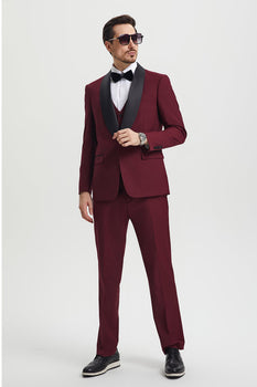 Men's Stacy Adams Vested One Button Shawl Lapel Designer Tuxedo in Burgundy - Image 3