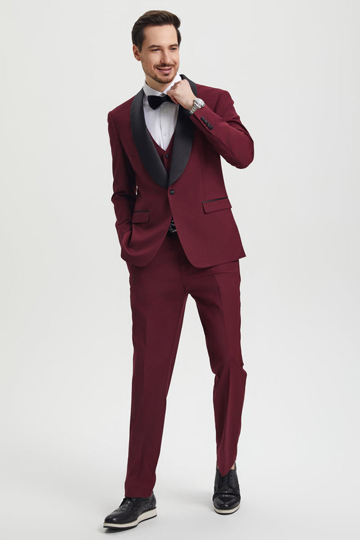 Men's Stacy Adams Vested One Button Shawl Lapel Designer Tuxedo in Burgundy - Image 2