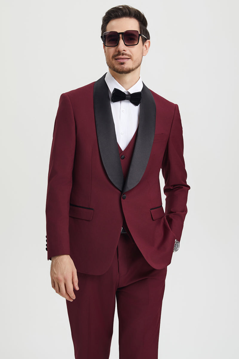 Men's Stacy Adams Vested One Button Shawl Lapel Designer Tuxedo in Burgundy - Image 5