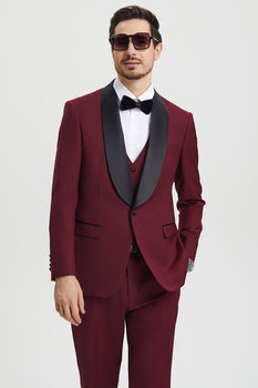 Men's Stacy Adams Vested One Button Shawl Lapel Designer Tuxedo in Burgundy - Image 5
