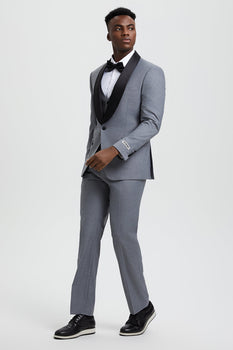 Men's Stacy Adams Vested One Button Shawl Lapel Designer Tuxedo in Grey - Image 4