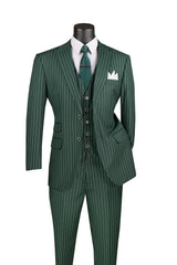 Odyssey Collection - Hunter Green Regular Fit 3 Piece Suit 2 Button Gangster Stripe Modern Fit