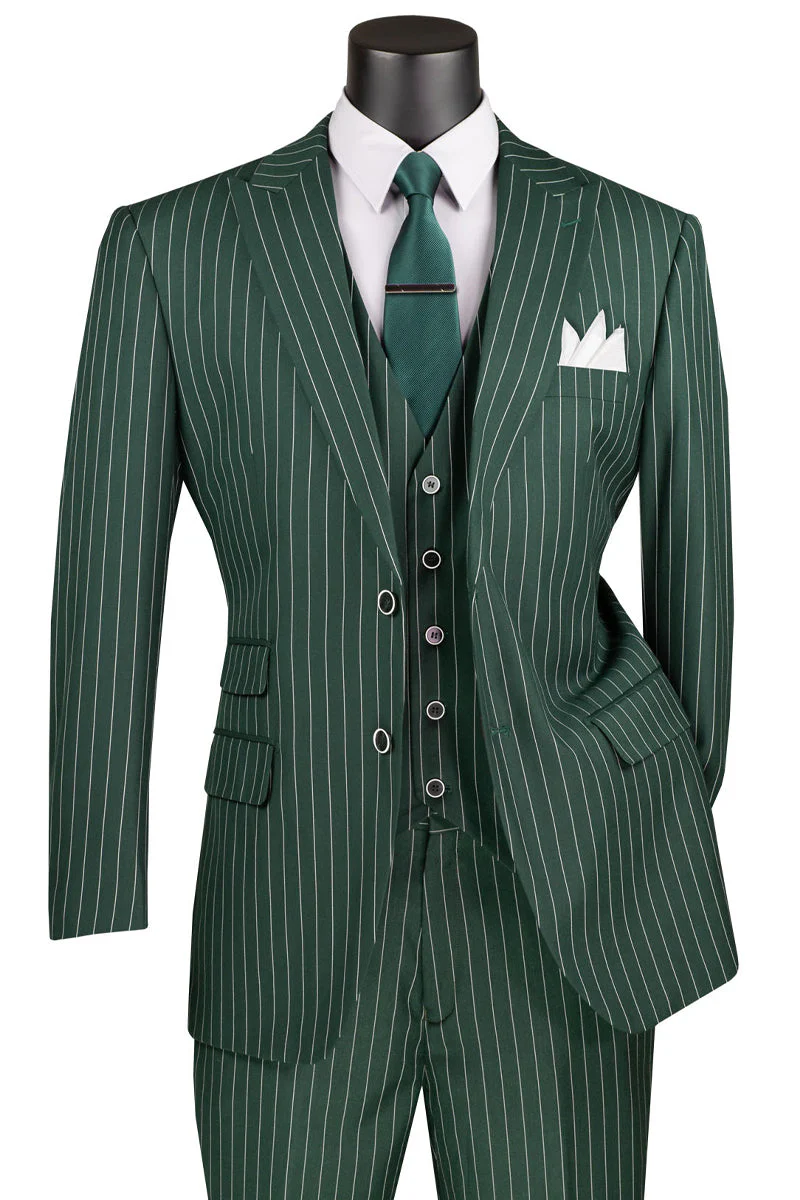 Men’s Hunter Green Great Gatsby Pinstripe 3 Piece Suit, 1920s Gangster Outfit