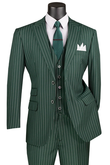 Men’s Hunter Green Great Gatsby Pinstripe 3 Piece Suit, 1920s Gangster Outfit