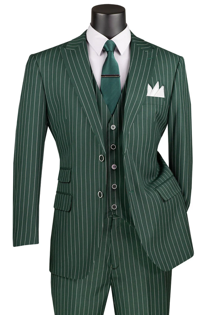 Men’s Hunter Green Great Gatsby Pinstripe 3 Piece Suit, 1920s Gangster Outfit Modern Fit