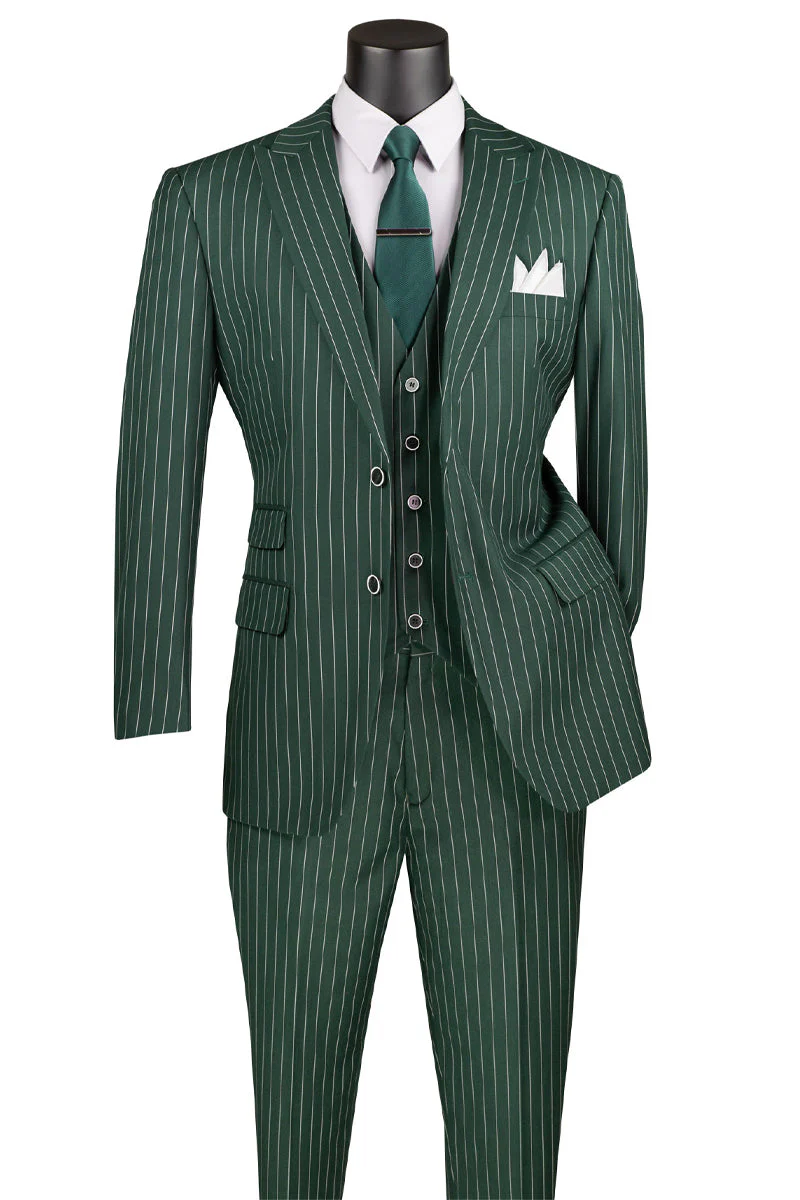 Men’s Hunter Green Great Gatsby Pinstripe 3 Piece Suit, 1920s Gangster Outfit