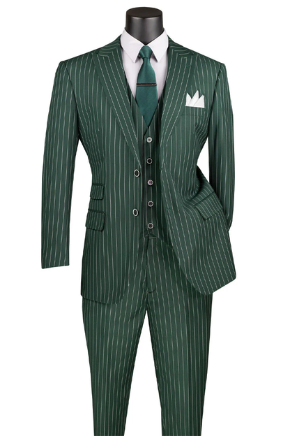 Men’s Hunter Green Great Gatsby Pinstripe 3 Piece Suit, 1920s Gangster Outfit