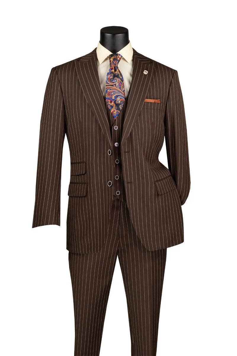 Odyssey Collection - Brown Regular Fit 3 Piece Suit 2 Button Gangster Stripe Modern Fit