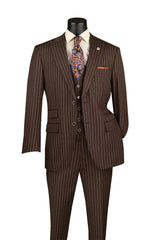 Odyssey Collection - Brown Regular Fit 3 Piece Suit 2 Button Gangster Stripe Modern Fit
