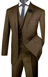 Venetian Collection - Taupe Regular Fit Glen Plaid 2 Button 3 Piece Suit Modern Fit
