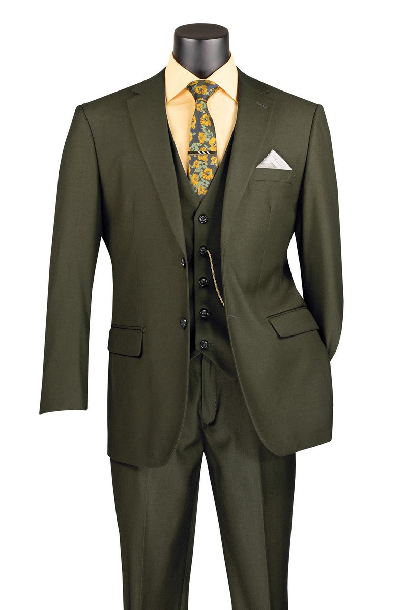 Men's Olive Green 3 Piece Suit – Classic Fit Vested Wedding, Business & Formal Suit with Flat Front Pants