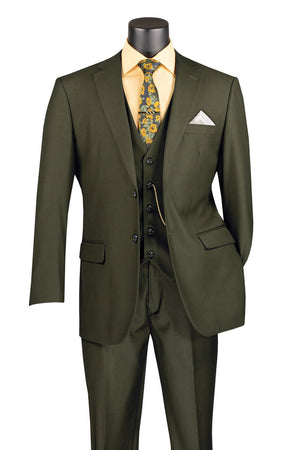 Men’s Olive Vested Suit, Classic Fit 3 Piece Flat Front Formal Wedding Business Suit Set