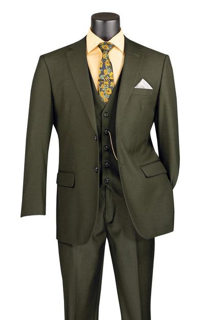 Men's Olive Green 3 Piece Suit – Classic Fit Vested Wedding, Business & Formal Suit with Flat Front Pants