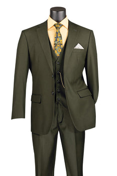 Men’s Olive Vested Suit, Classic Fit 3 Piece Flat Front Formal Wedding Business Suit Set
