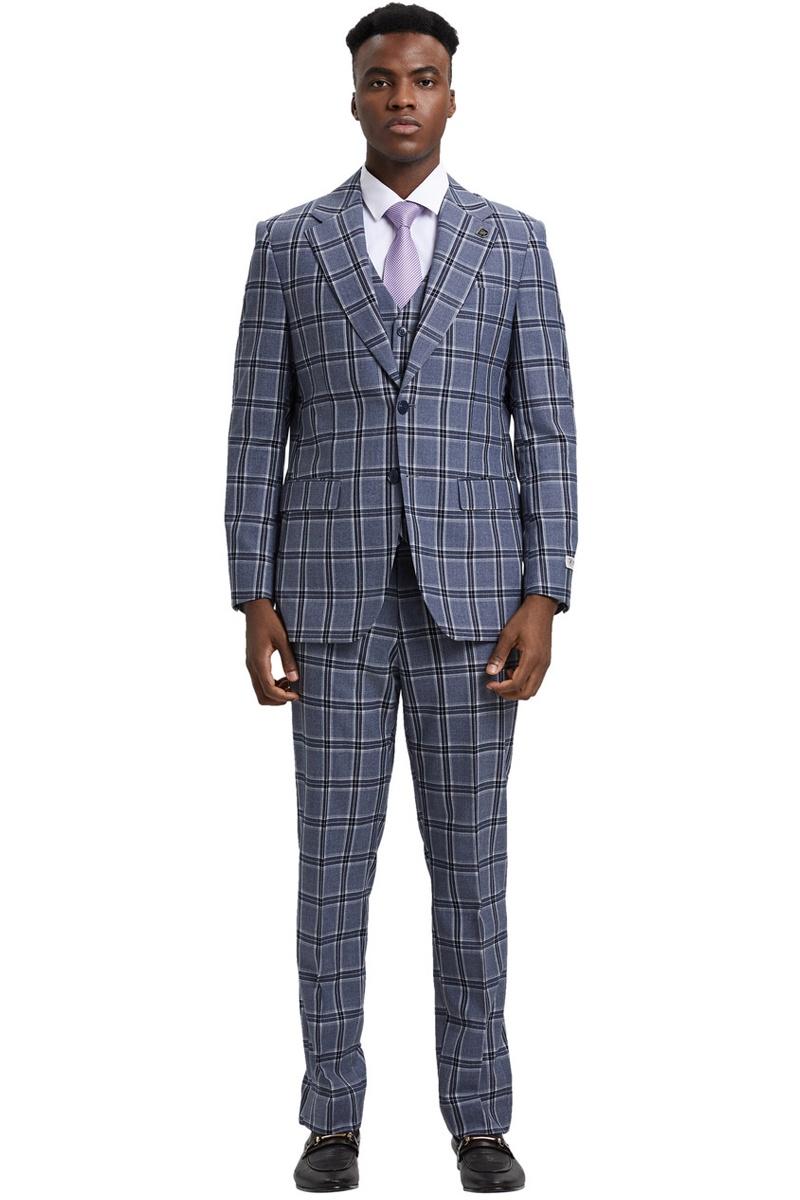 Men's Stacy Adams Two Button Vested Glen Plaid Check Suit in Grey - Image 2