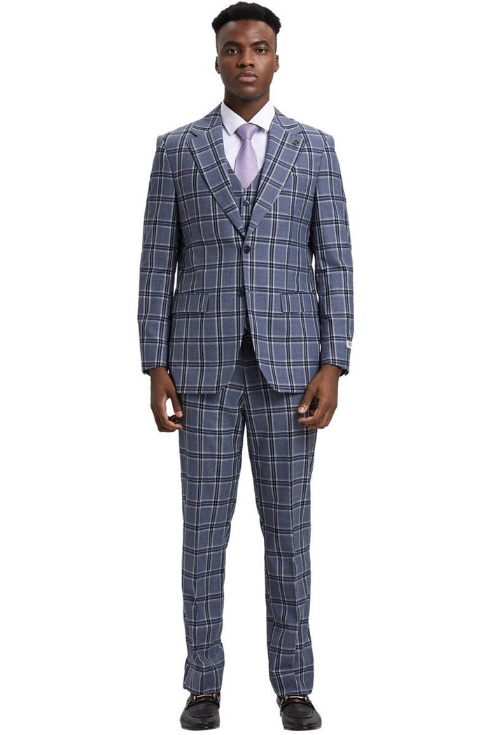 Men's Stacy Adams Two Button Vested Glen Plaid Check Suit in Grey - Image 2