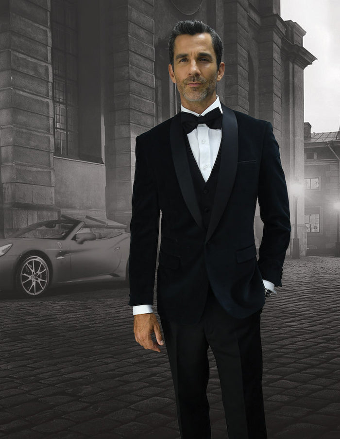 Statement Men's Black with Black Lapel Vested 100% Wool Velvet Tuxedo