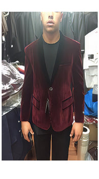 Velour Men's blazer Jacket  Black and Burgundy ~ Wine ~ Maroon Velvet Shawl Collar Tuxedo
