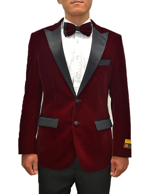 Mens Classic Velvet Fabric Tuxedo Dinner Jacket in Burgundy