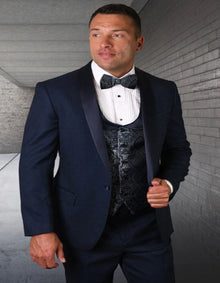 Blue Prom Suit - Blue Homecoming Outfits For Guys with Matching Paisley Vest Set in Indigo Blue Blue Prom Tuxedos