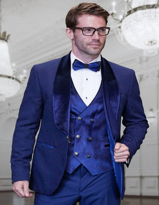 Blue Prom Suit - Blue Homecoming Outfits For Guys with Velvet Lapels and Vest in Sapphire Blue Prom Tuxedos