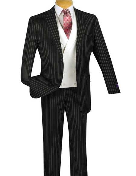 Bold Chalk Pronounce Stripe ~ Pinstripe 2 Button Men'S Striped 1920'S 30'S Fashion Vintage Pattern No Vest Included Black Fashion Suit