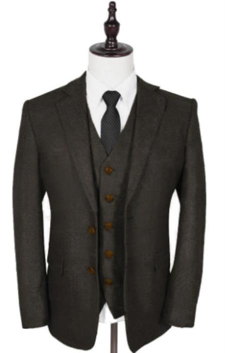 Vintage Suits - Tweed Suits - Herringbone Suit Olive