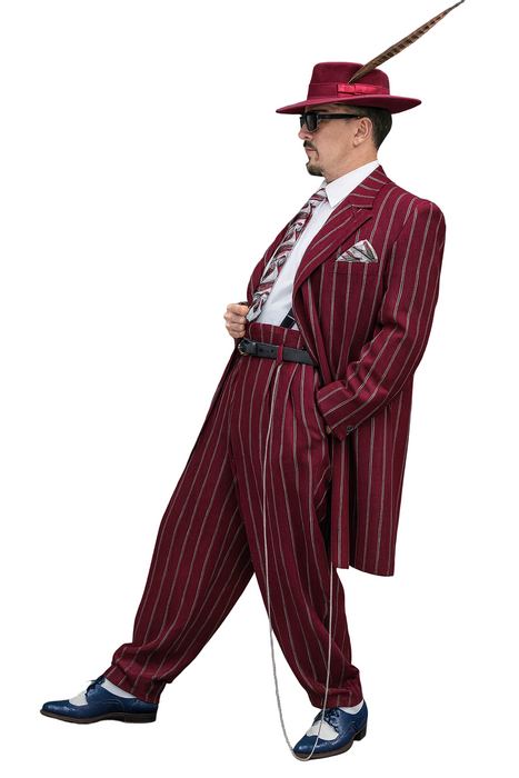 Burgundy Pinstripe Zoot Suit – 3 Piece 1920s/1930s Gangster Outfit (Jacket and Pants and Vest)  Vintage Fashion