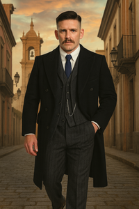 Arthur Shelby Vested Gray Plaid Peaky Blinders Suit - Peaky Blinders Outfit + Black  Double Breasted Overcoat (Peaky Blinder Custome)